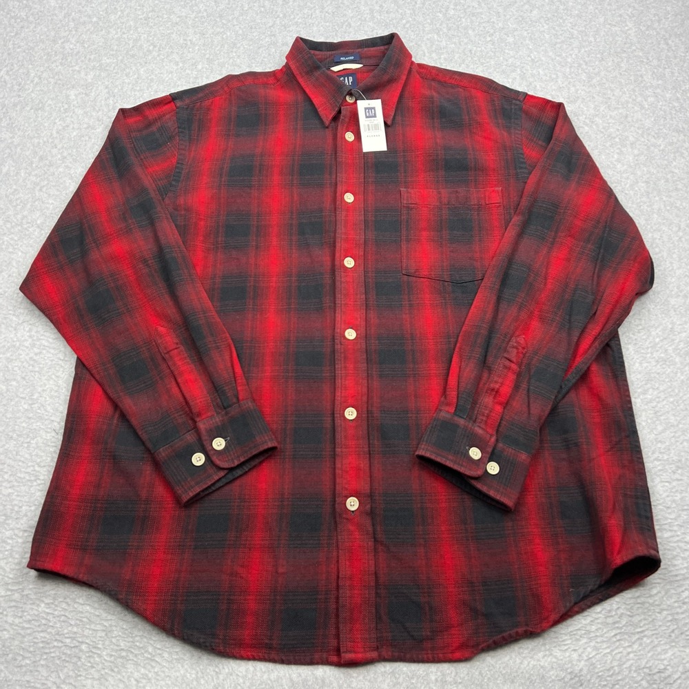 NEW GAP Flannel Mens XL Red Plaid Relaxed Fit Cotton Long Sleeve Button Up Shirt